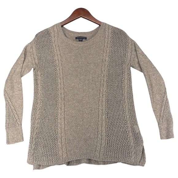 American Eagle Outfitters Sweaters - American Eagle Sweater Womens XS Cable Open Knit Cotton Wool Blend Taupe Boho